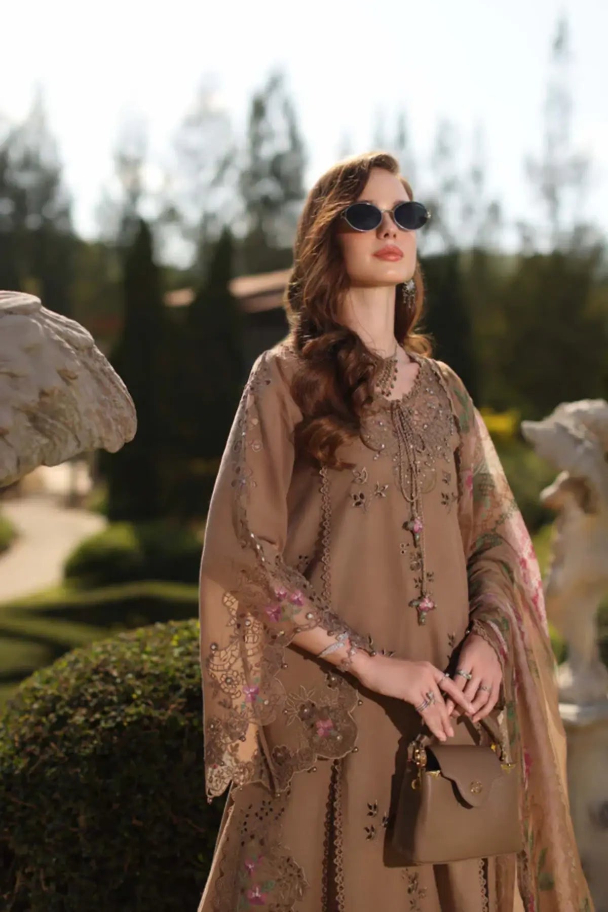 Saadia Asad Selene D8-A sand stitched lawn suit with chiffon dupatta Noor Luxury Eid Schiffli ’26