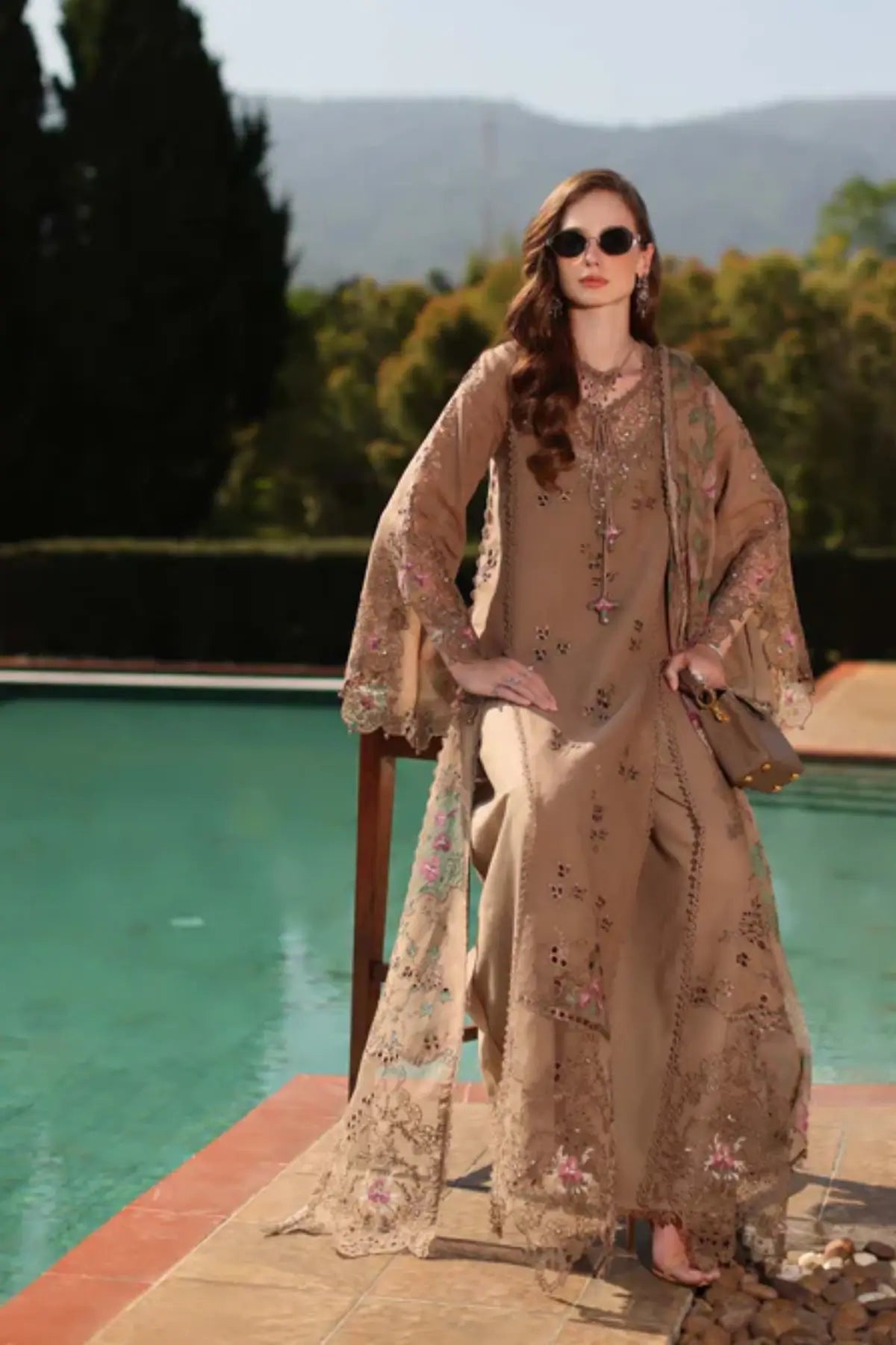 Saadia Asad Selene D8-A sand stitched lawn suit with chiffon dupatta Noor Luxury Eid Schiffli ’26