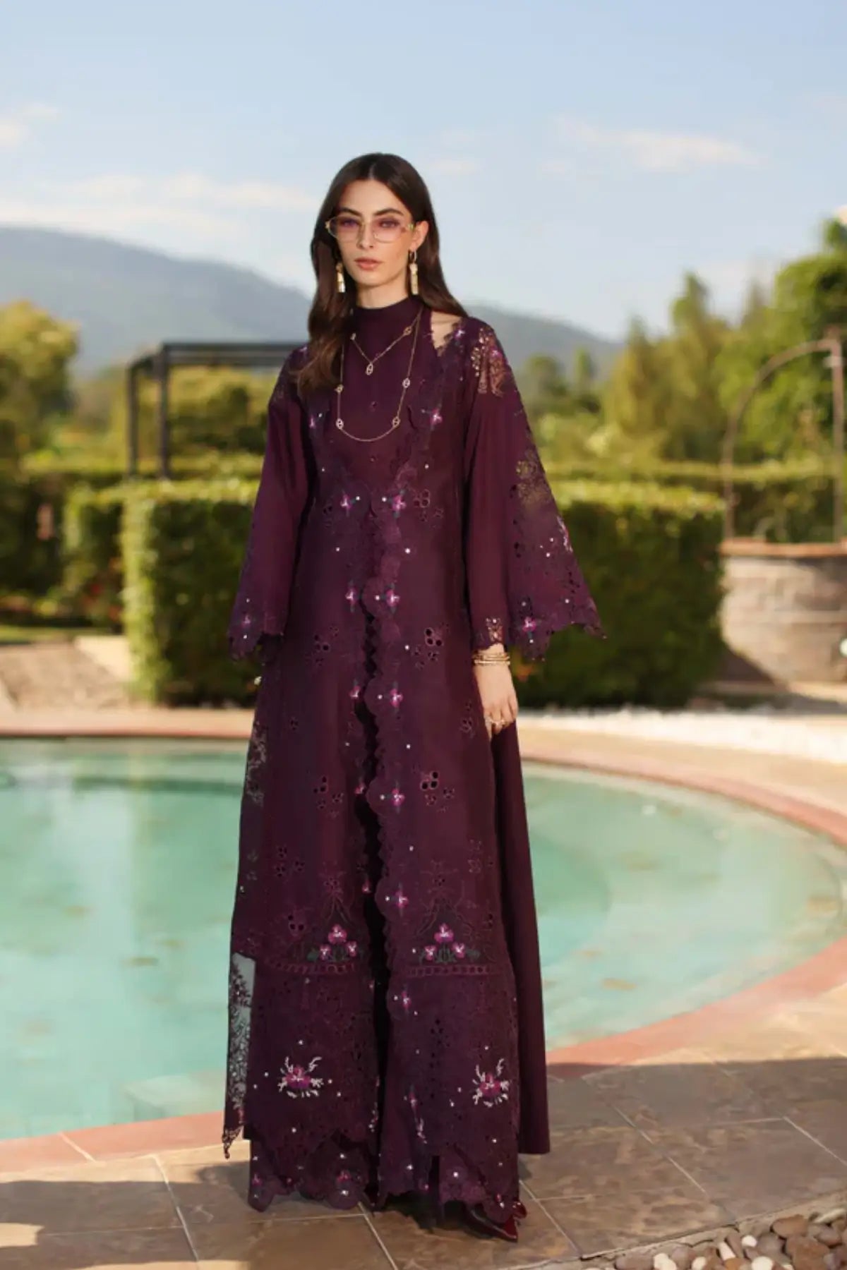 Selene D8-B plum embroidered lawn ready to wear suit by Saadia Asad Noor Luxury Eid Schiffli ’26