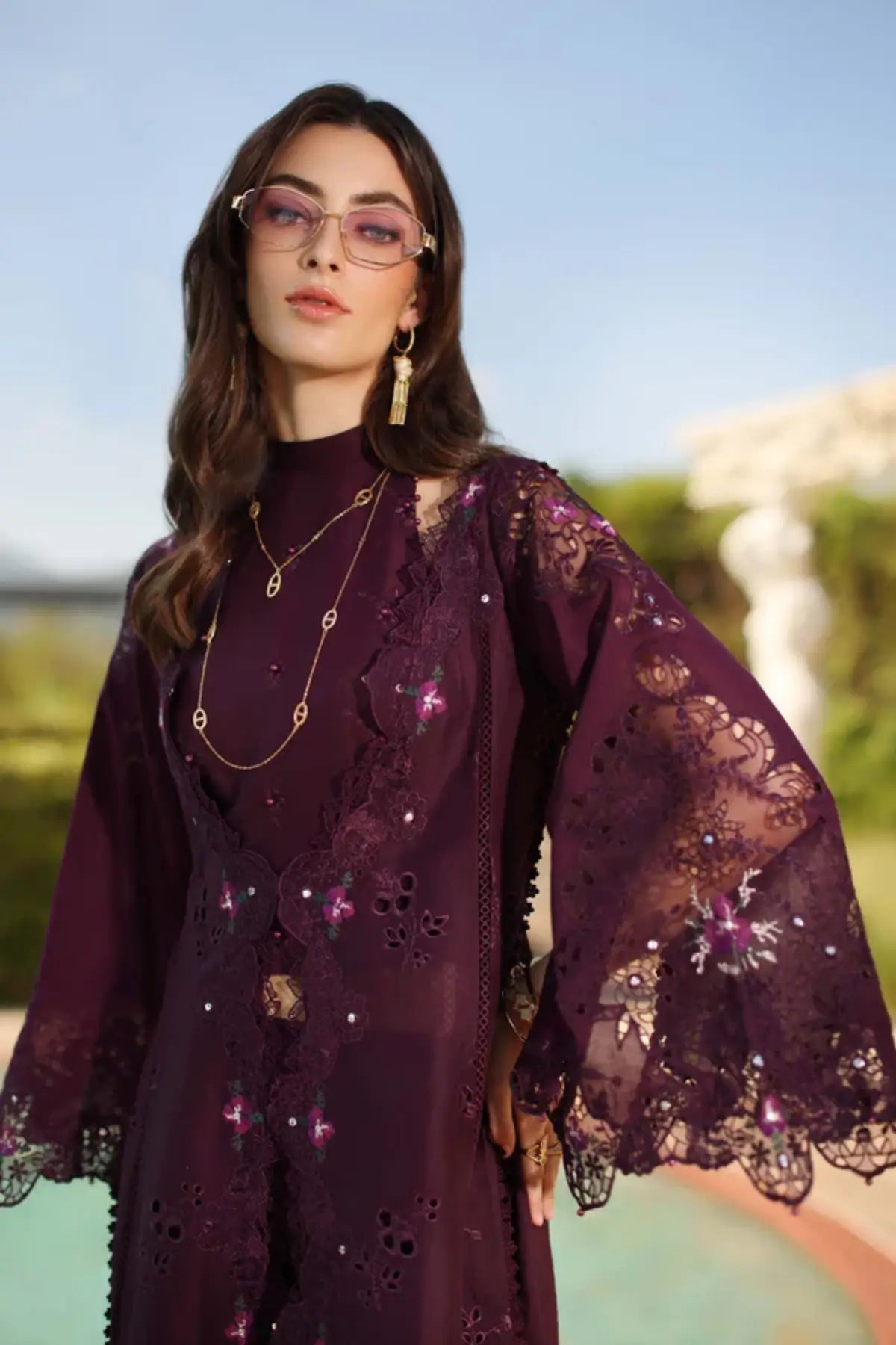 Selene D8-B plum embroidered lawn ready to wear suit by Saadia Asad Noor Luxury Eid Schiffli ’26
