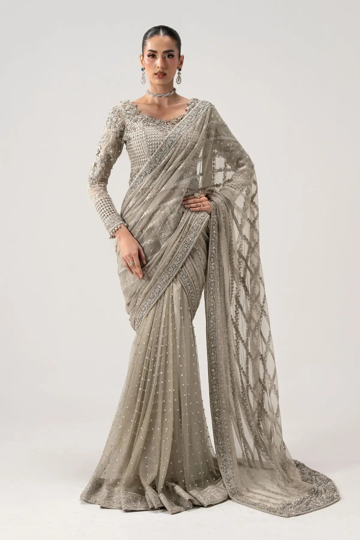 Selene grey luxury embellished wedding net saree with organza blouse and tissue petticoat by Maria B