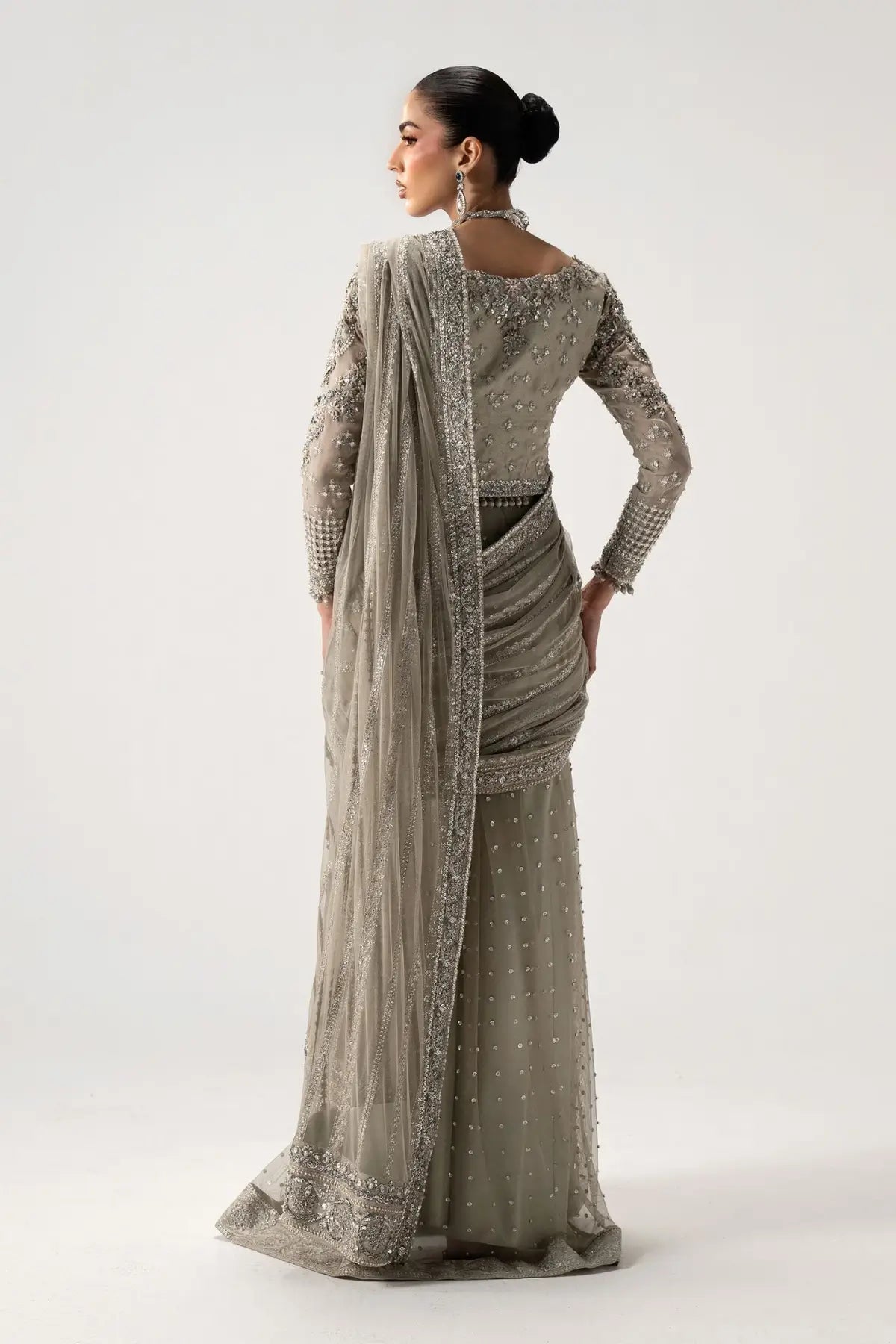 Selene grey luxury embellished wedding net saree with organza blouse and tissue petticoat by Maria B