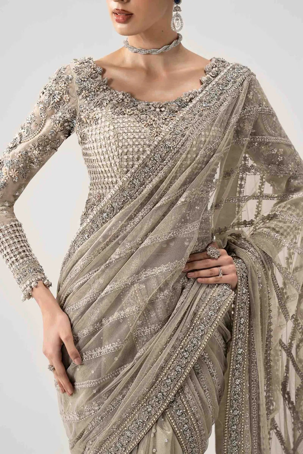 Selene grey luxury embellished wedding net saree with organza blouse and tissue petticoat by Maria B