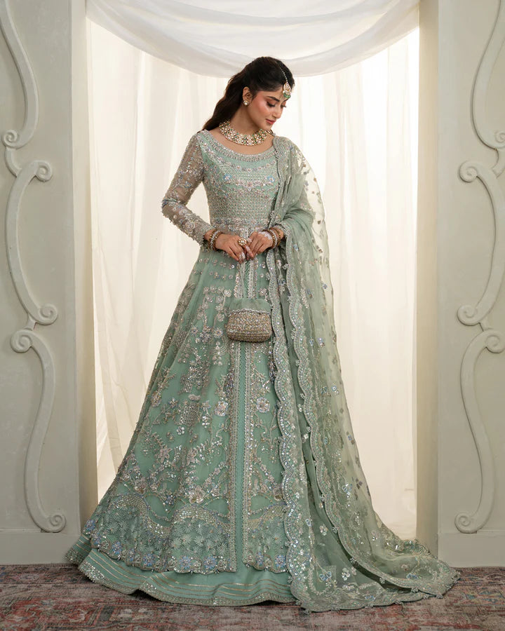Selin Faiza Saqlain mint organza stitched Walima dress with embroidered dupatta and raw silk lehenga – Pakistanimoda UK shipping