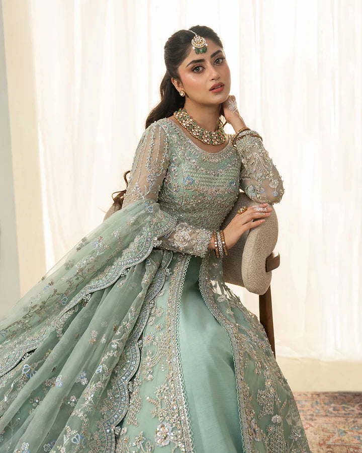 Selin Faiza Saqlain mint organza stitched Walima dress with embroidered dupatta and raw silk lehenga – Pakistanimoda UK shipping