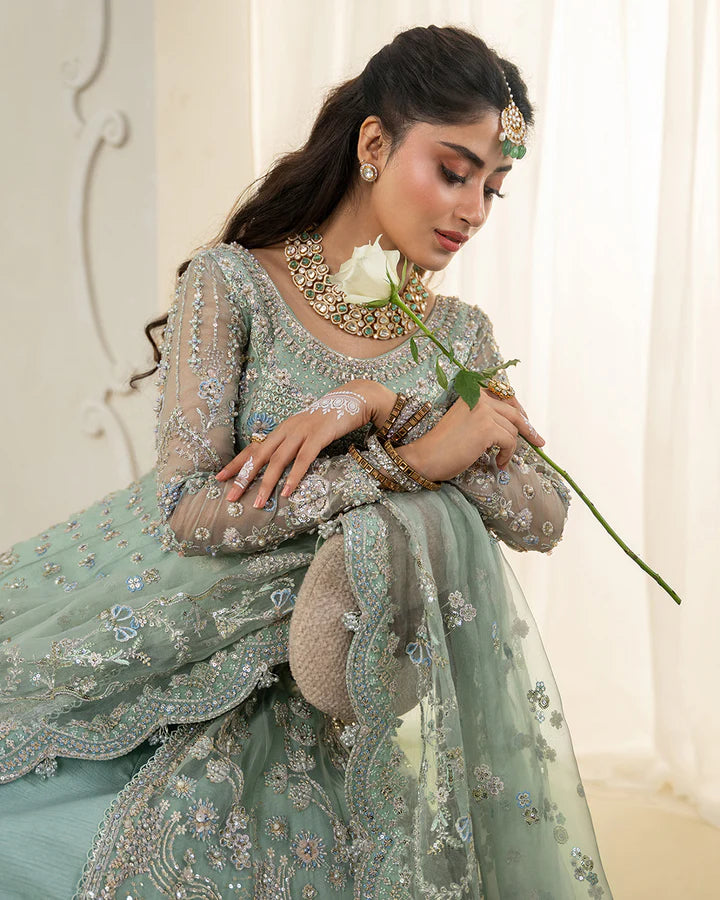 Selin Faiza Saqlain mint organza stitched Walima dress with embroidered dupatta and raw silk lehenga – Pakistanimoda UK shipping