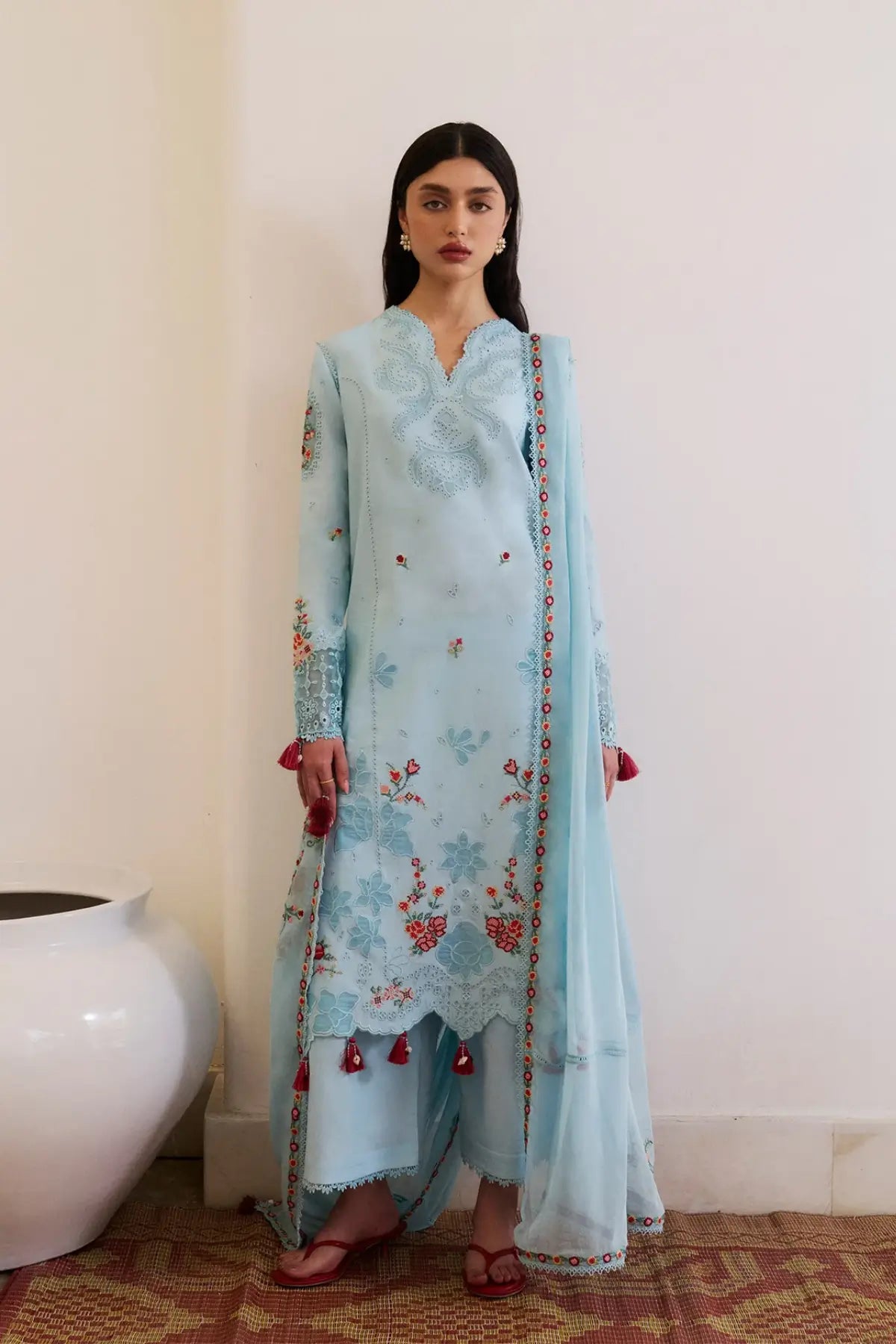 Selin Hussain Rehar Pret SS'26 ice blue embroidered lawn suit with chiffon dupatta available at Pakistanimoda.