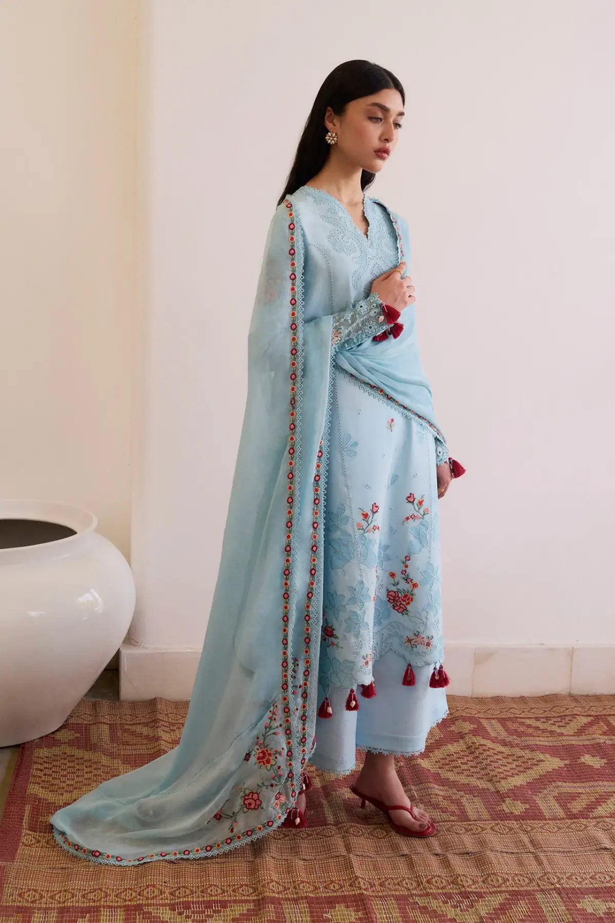 Selin Hussain Rehar Pret SS'26 ice blue embroidered lawn suit with chiffon dupatta available at Pakistanimoda.