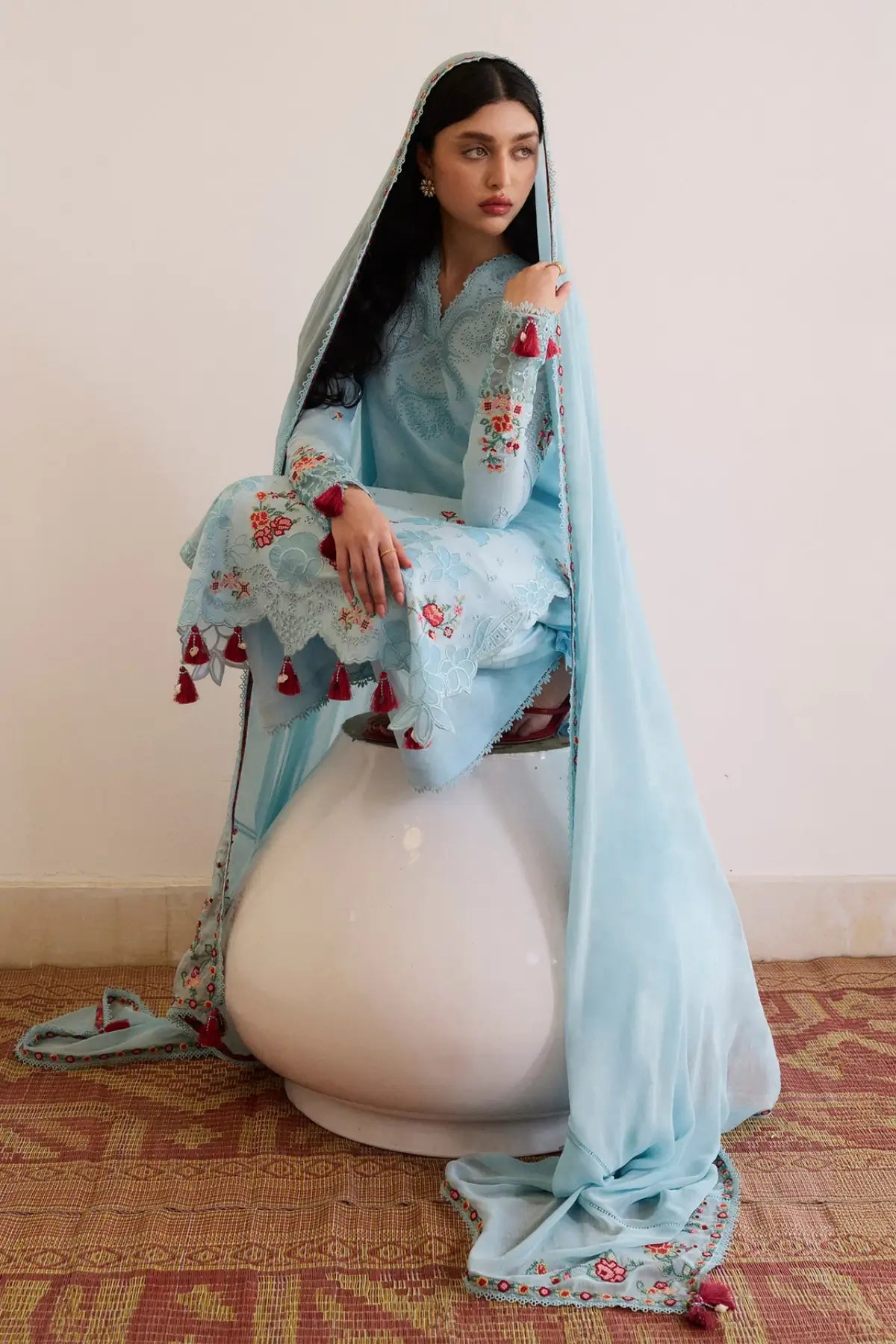 Selin Hussain Rehar Pret SS'26 ice blue embroidered lawn suit with chiffon dupatta available at Pakistanimoda.