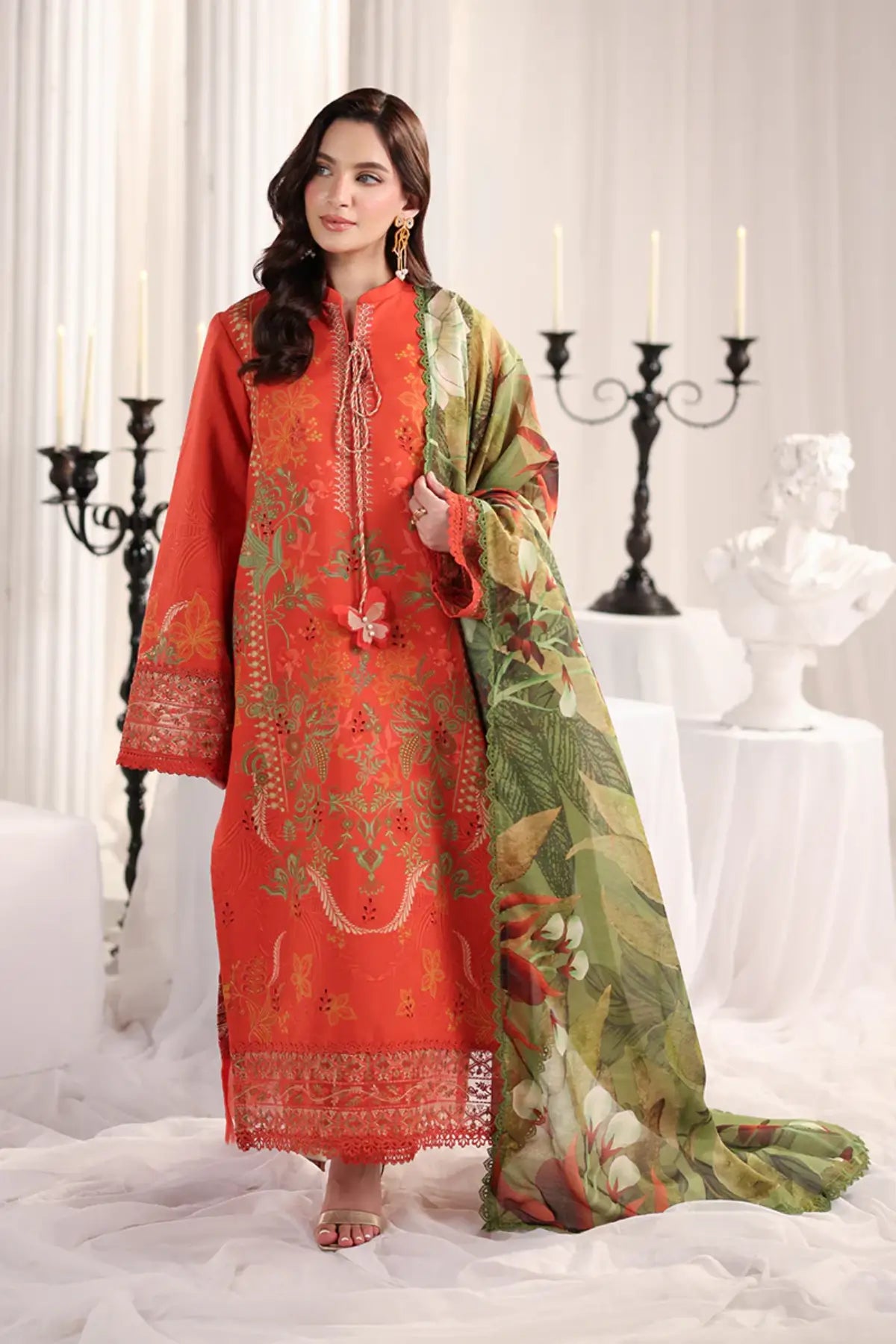 Seline Rang Rasiya Tangerine printed lawn stitched 3PC suit with embroidered front, organza borders, gold crush dupatta and cotton trousers