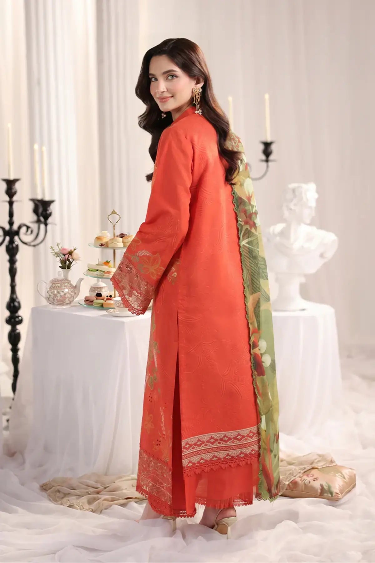 Seline Rang Rasiya Tangerine printed lawn stitched 3PC suit with embroidered front, organza borders, gold crush dupatta and cotton trousers