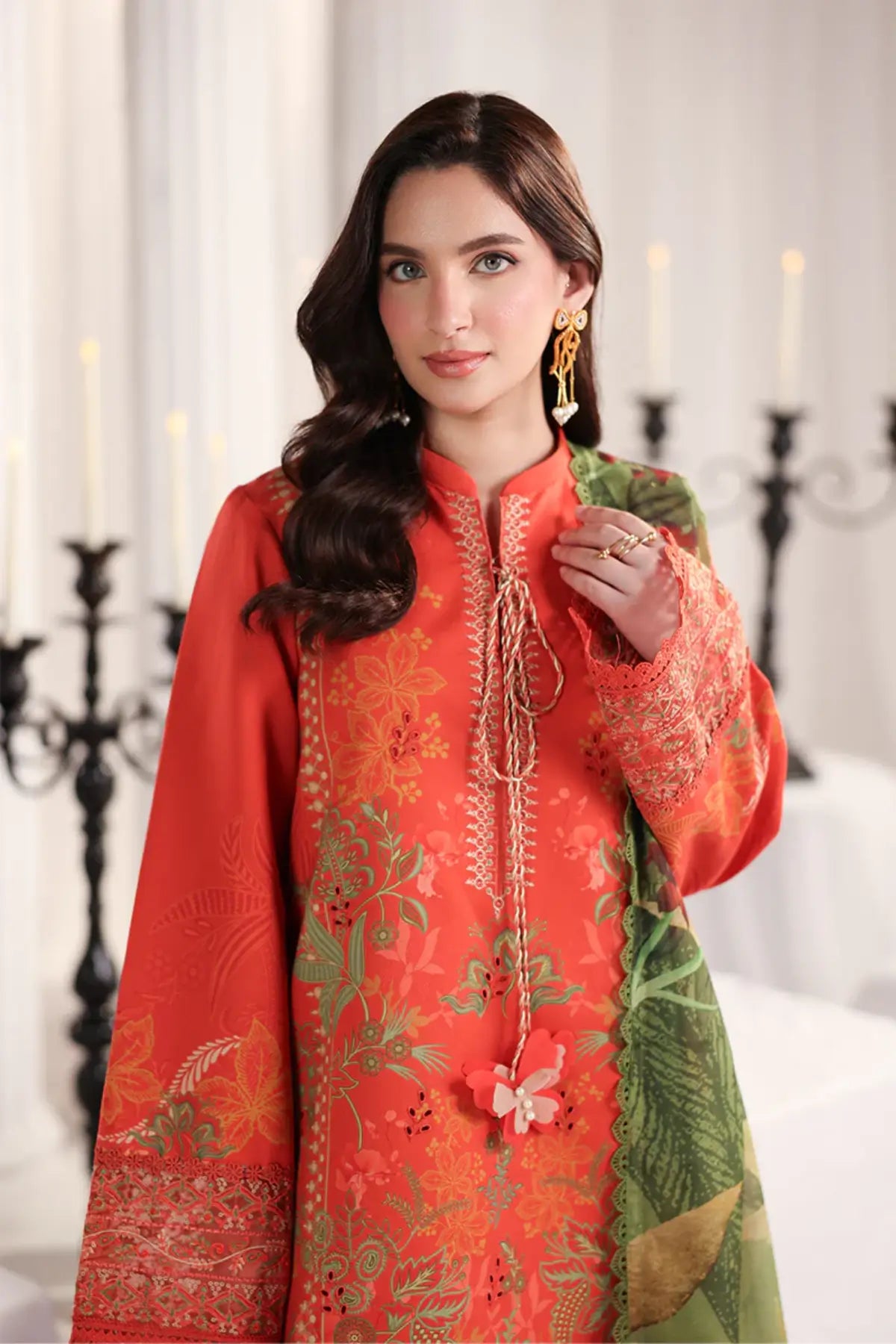 Seline Rang Rasiya Tangerine printed lawn stitched 3PC suit with embroidered front, organza borders, gold crush dupatta and cotton trousers