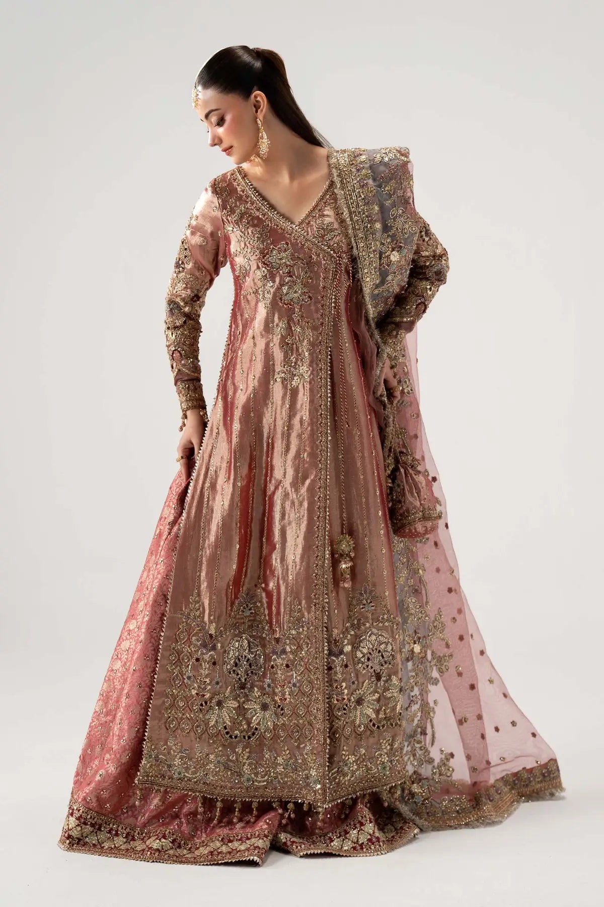 Seliora rani pink luxury bridal angrakha lehenga with Banarsi jamawar lehenga and dupatta by Maria B