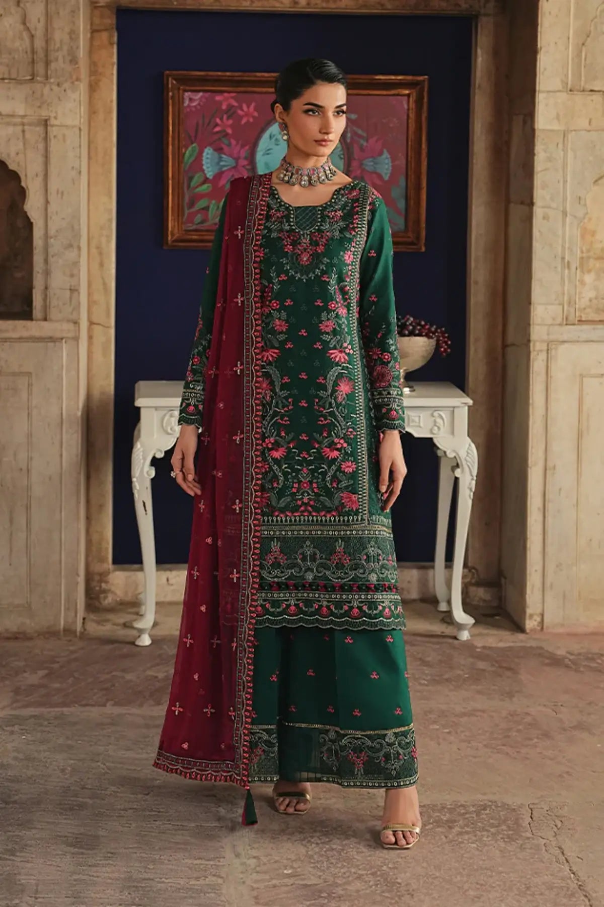Selore by Gulaal Maisone green chikankari sequined luxury lawn stitched 3 piece suit with chiffon dupatta