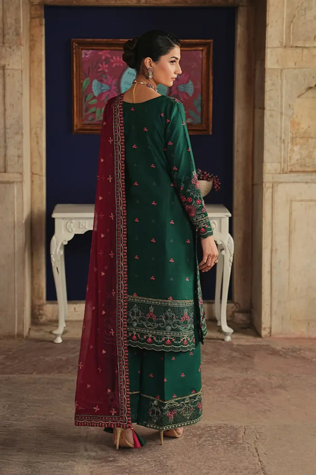 Selore by Gulaal Maisone green chikankari sequined luxury lawn stitched 3 piece suit with chiffon dupatta