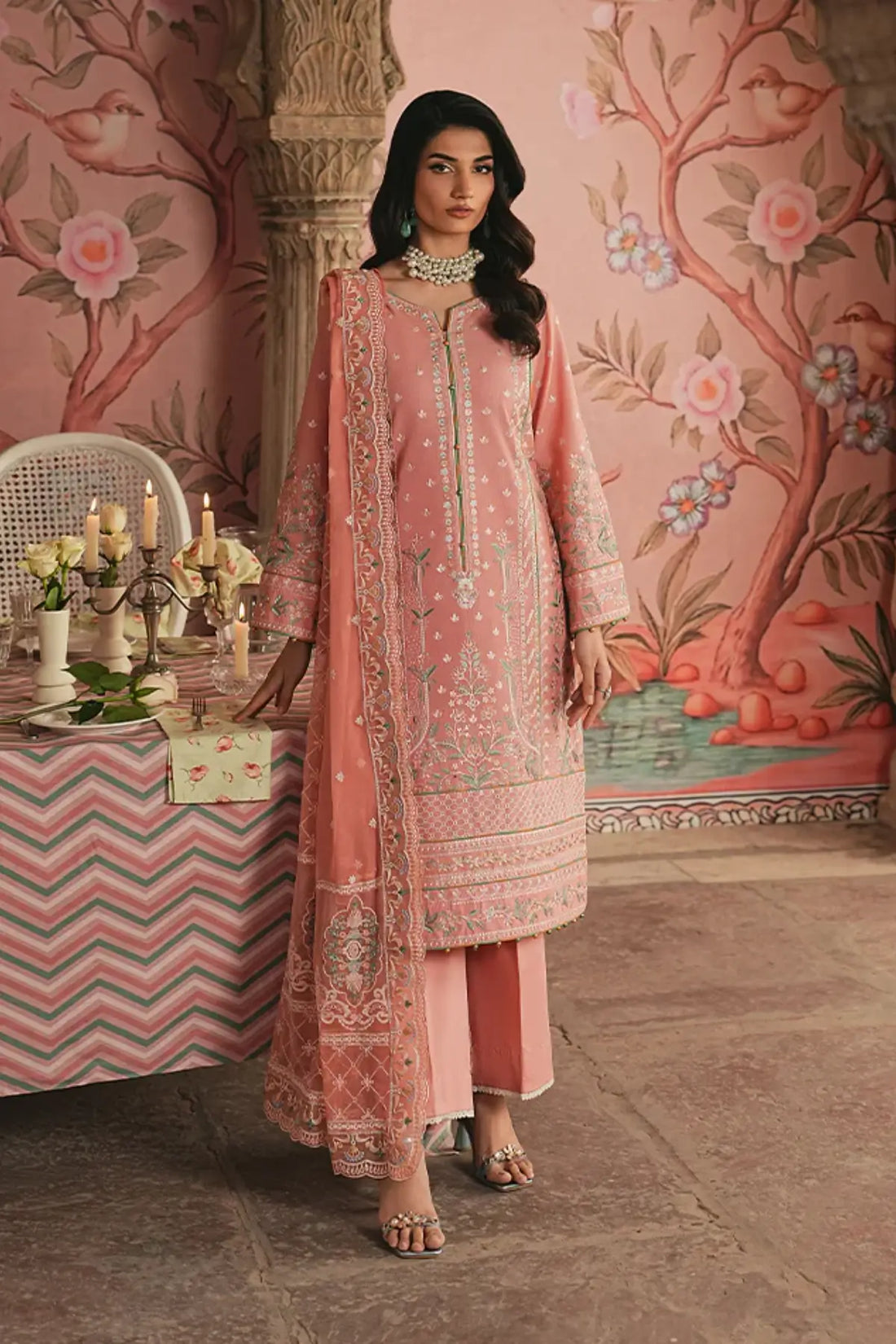 Selvara by Gulaal Maisone pink luxury lawn stitched 3 piece suit with embroidered chiffon dupatta