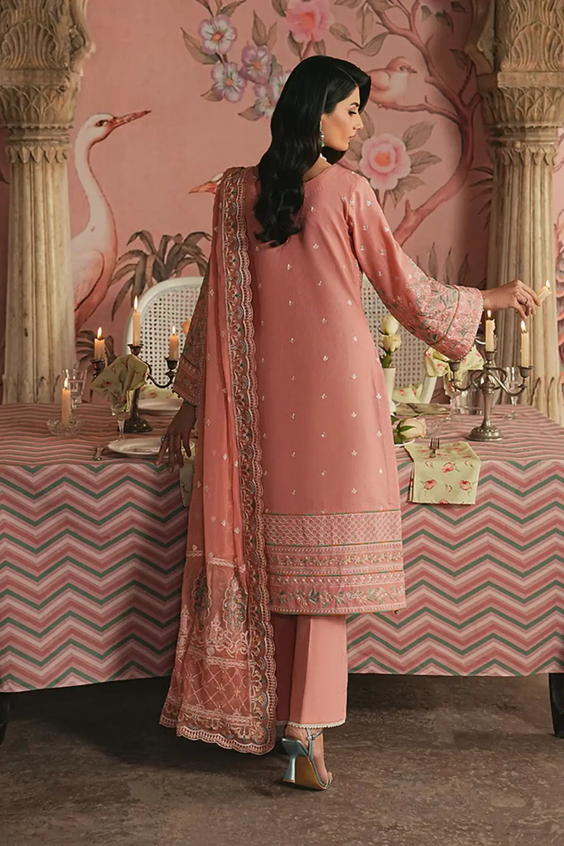 Selvara by Gulaal Maisone pink luxury lawn stitched 3 piece suit with embroidered chiffon dupatta