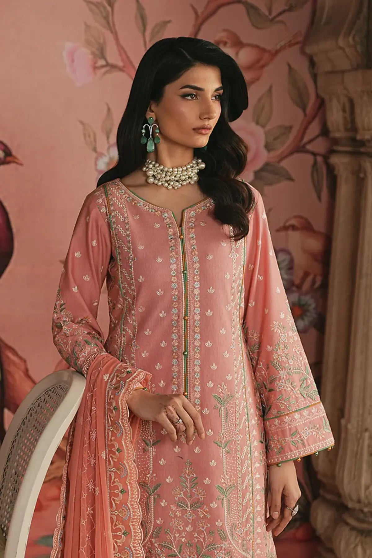 Selvara by Gulaal Maisone pink luxury lawn stitched 3 piece suit with embroidered chiffon dupatta