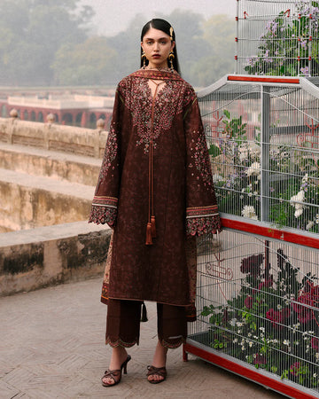 Stitched Jugnu Lahore Sena Deep Brown Khaddar 3pc with Kashmiri embroidery and printed wool shawl, available at Pakistanimoda.