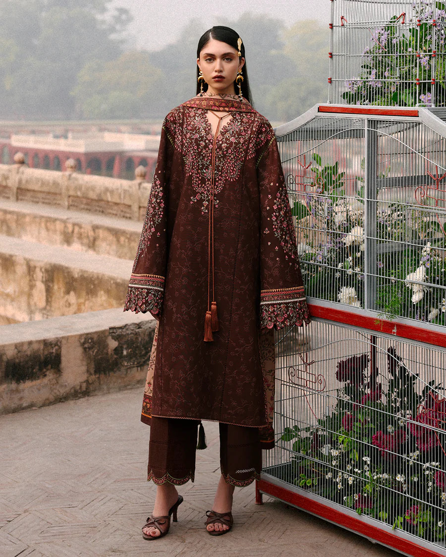 Stitched Jugnu Lahore Sena Deep Brown Khaddar 3pc with Kashmiri embroidery and printed wool shawl, available at Pakistanimoda.