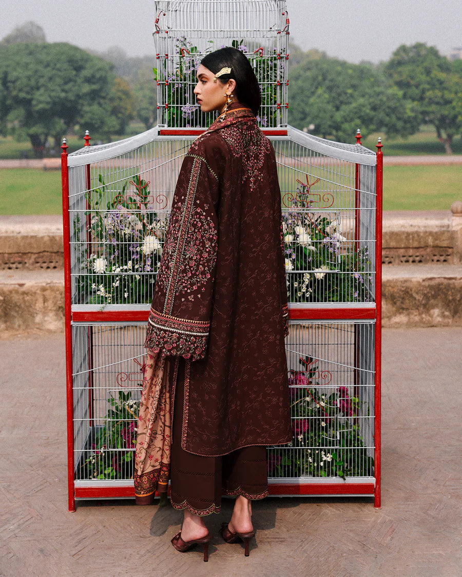 Stitched Jugnu Lahore Sena Deep Brown Khaddar 3pc with Kashmiri embroidery and printed wool shawl, available at Pakistanimoda.