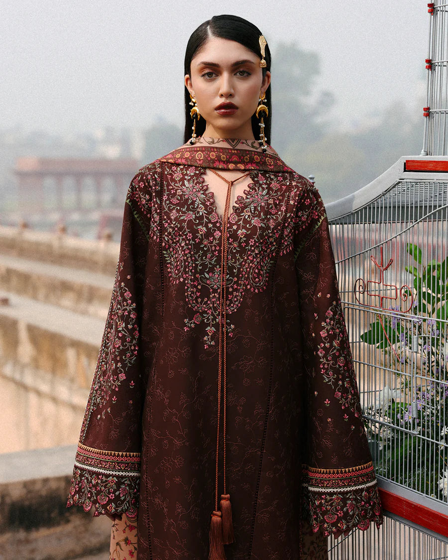 Stitched Jugnu Lahore Sena Deep Brown Khaddar 3pc with Kashmiri embroidery and printed wool shawl, available at Pakistanimoda.