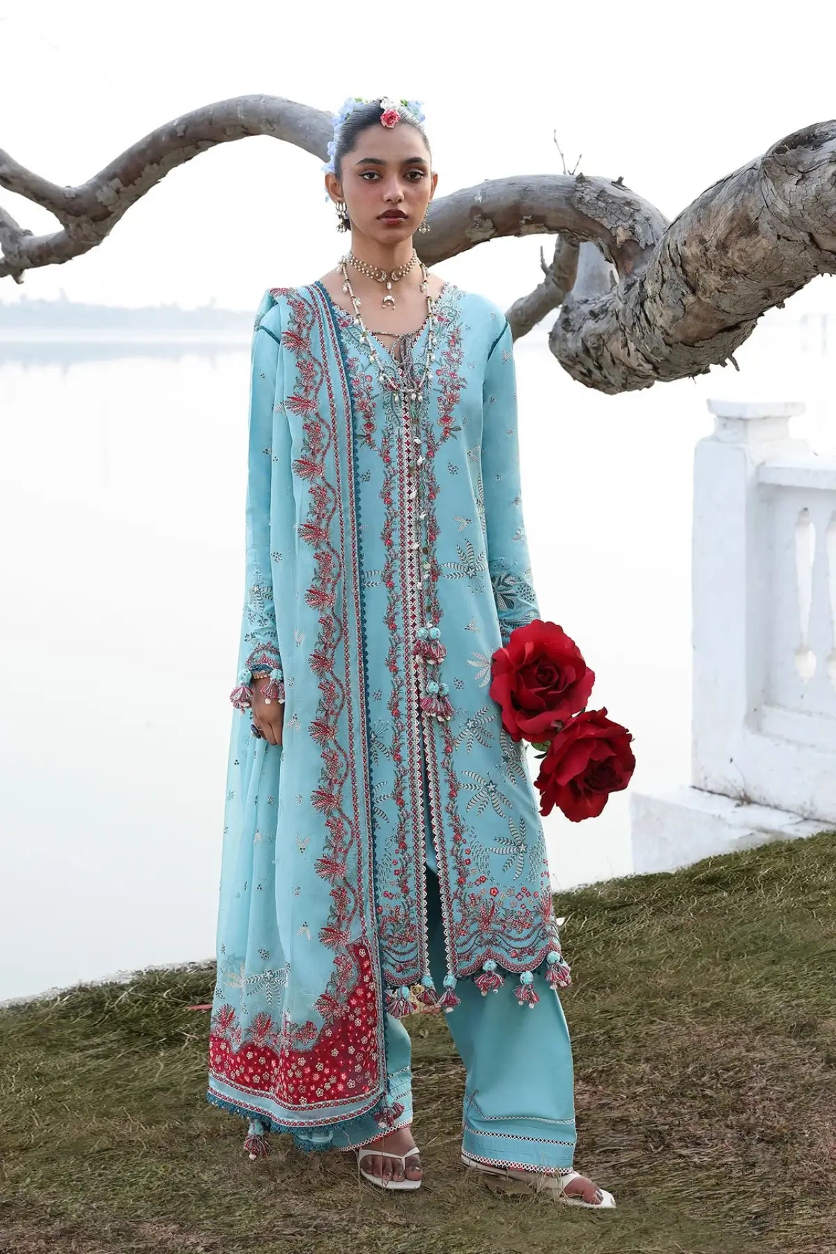Hussain Rehar Sepher sky blue lawn suit with multicolor floral embroidery and chiffon dupatta