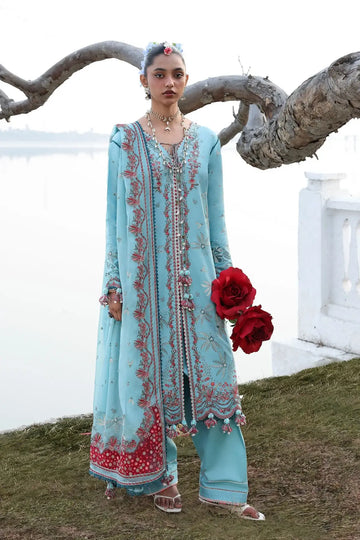 Hussain Rehar Sepher sky blue lawn suit with multicolor floral embroidery and chiffon dupatta