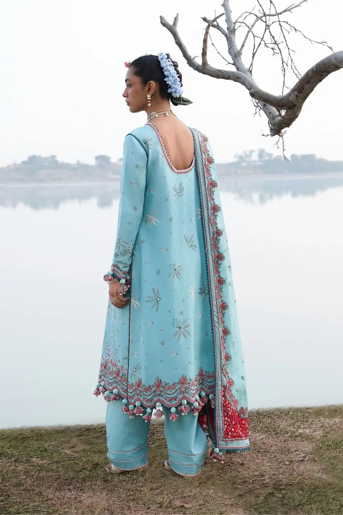 Hussain Rehar Sepher sky blue lawn suit with multicolor floral embroidery and chiffon dupatta