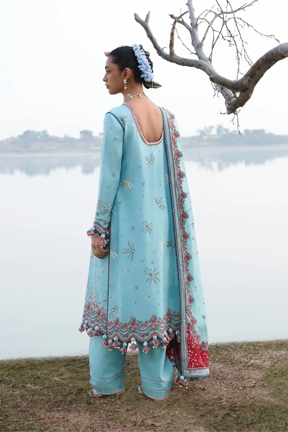 Hussain Rehar Sepher sky blue lawn suit with multicolor floral embroidery and chiffon dupatta