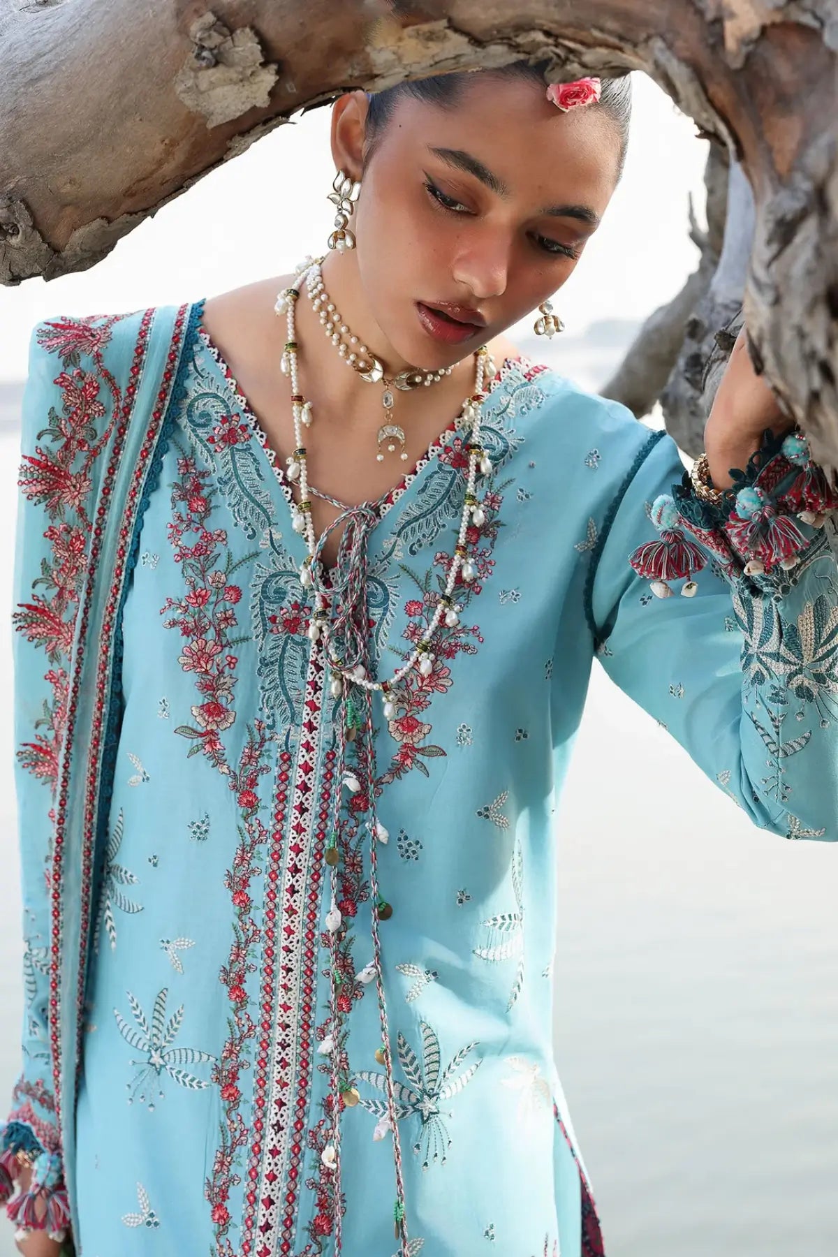 Hussain Rehar Sepher sky blue lawn suit with multicolor floral embroidery and chiffon dupatta