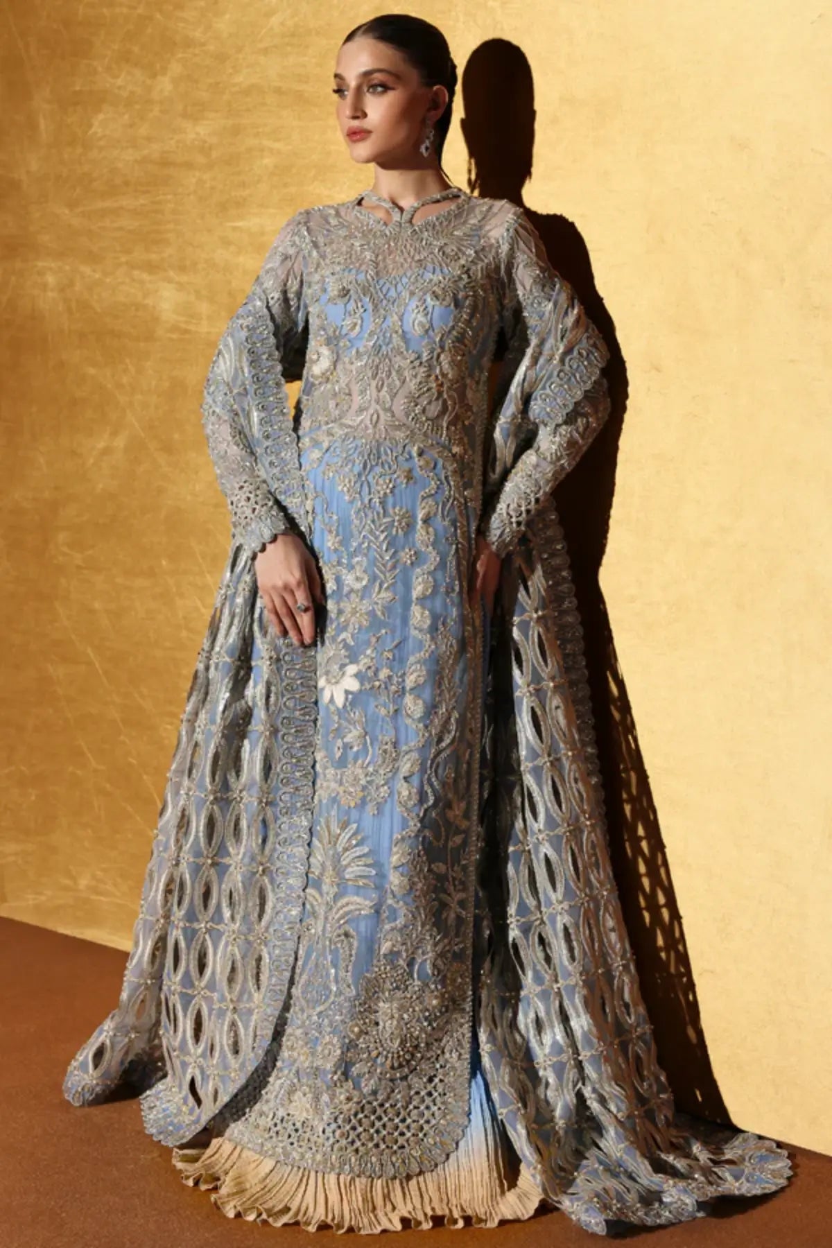 Seralyn by Soraya sky blue hand embellished formal dress with ombré crushed pants and cutwork dupatta