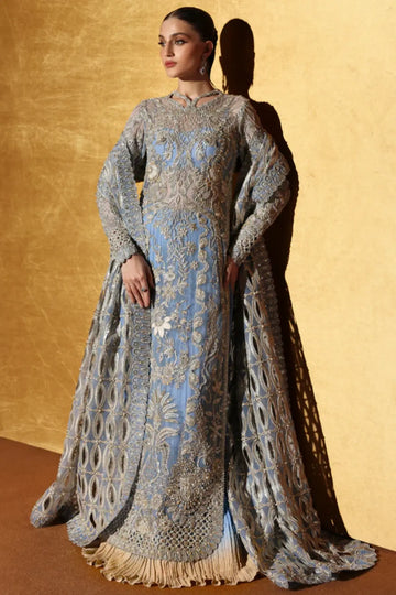 Seralyn by Soraya sky blue hand embellished formal dress with ombré crushed pants and cutwork dupatta