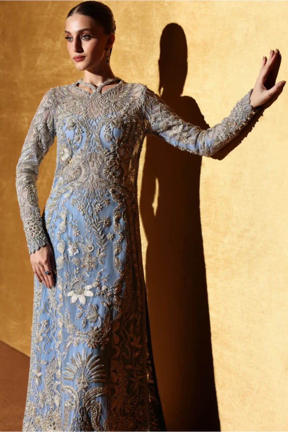 Seralyn by Soraya sky blue hand embellished formal dress with ombré crushed pants and cutwork dupatta
