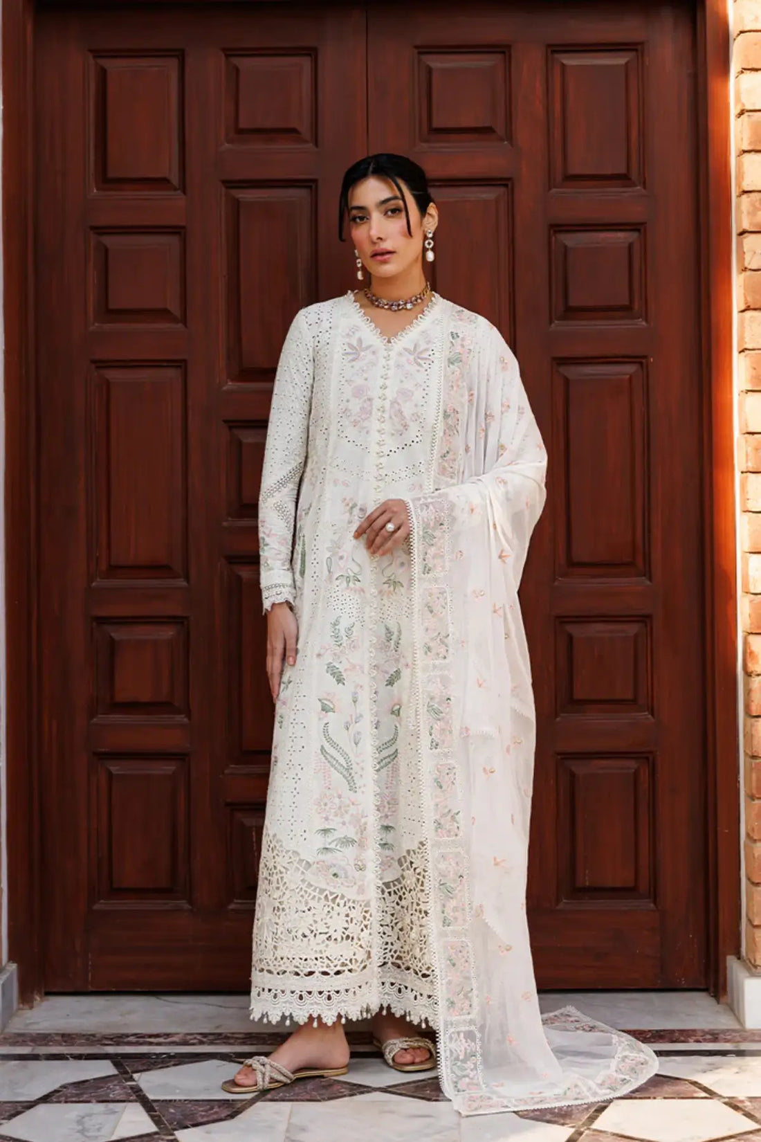 Seraph Emaan Adeel ivory embroidered lawn stitched 3PC suit with embroidered chiffon dupatta