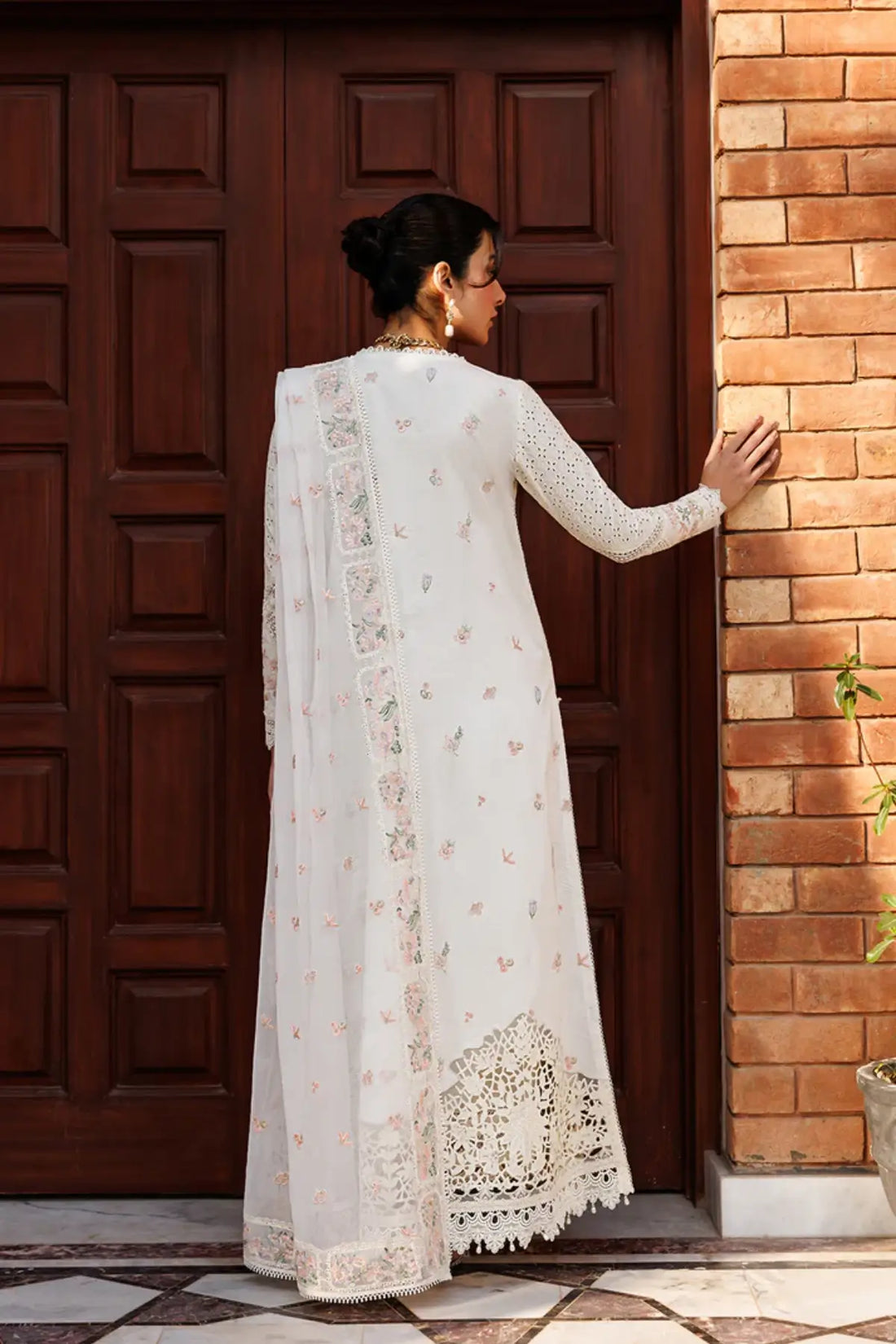 Seraph Emaan Adeel ivory embroidered lawn stitched 3PC suit with embroidered chiffon dupatta