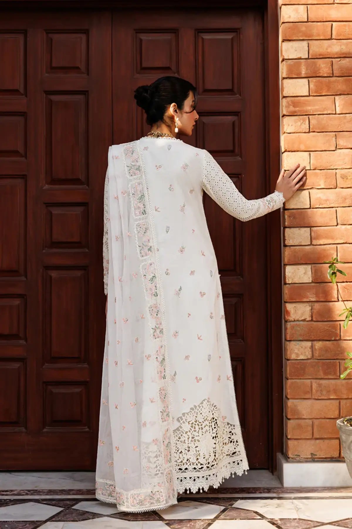 Seraph Emaan Adeel ivory embroidered lawn stitched 3PC suit with embroidered chiffon dupatta