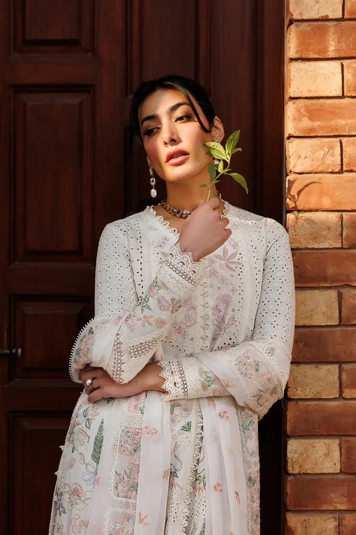 Seraph Emaan Adeel ivory embroidered lawn stitched 3PC suit with embroidered chiffon dupatta