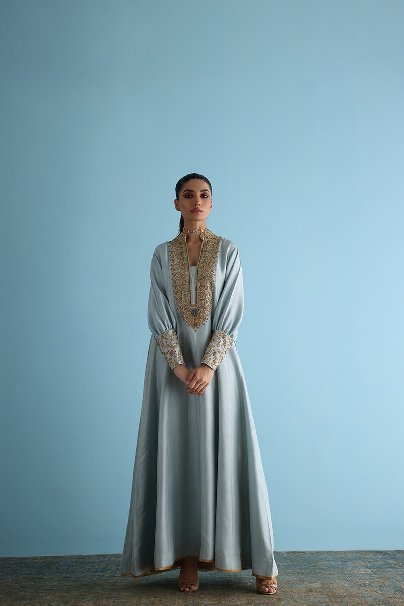 Sky blue high-neck raw silk dress with flared sleeves and pants set.