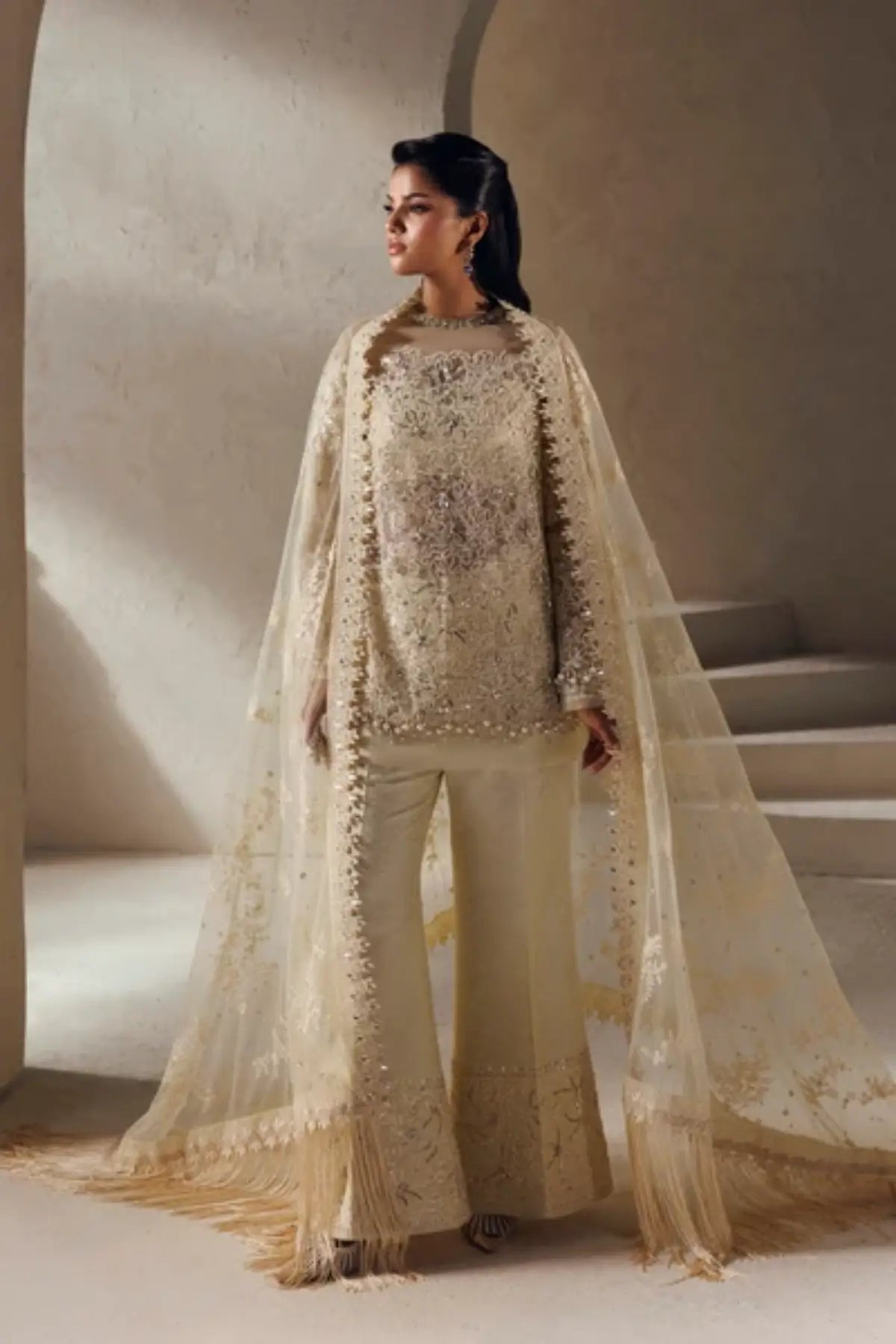 Seraphine Modern Muse 26 ivory Pakistani organza wedding stitched dress with hand embellishment, flared trousers and embroidered net dupatta