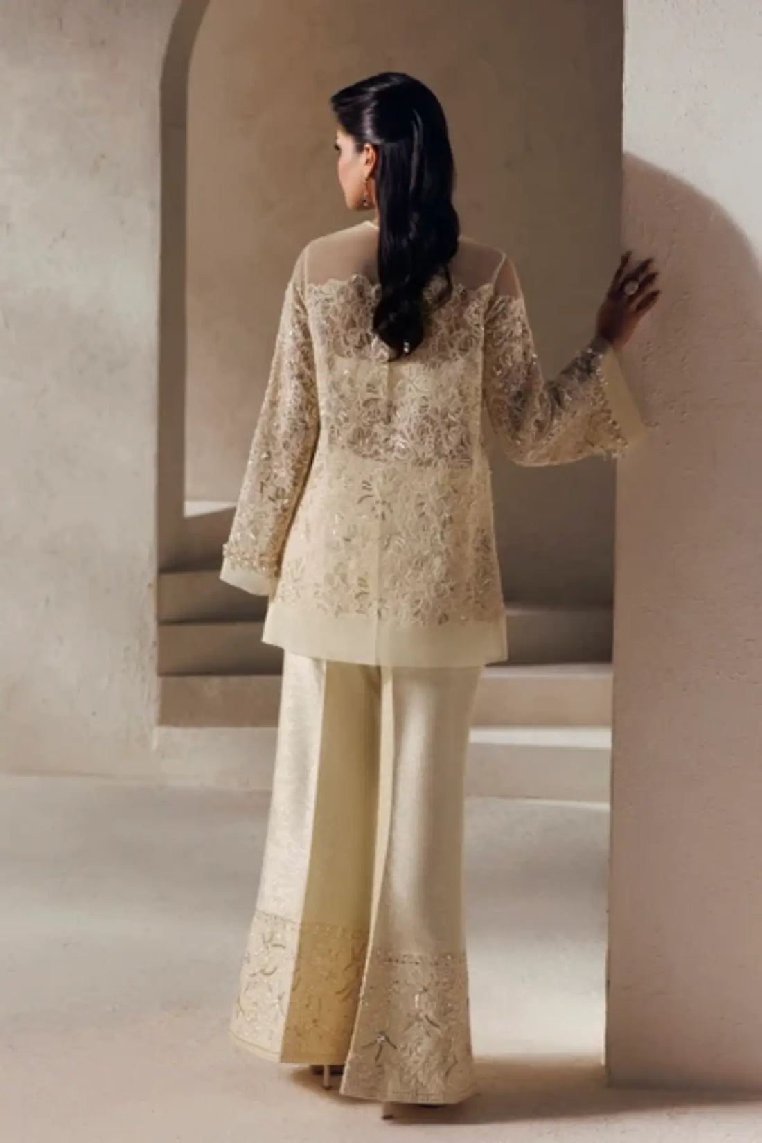 Seraphine Modern Muse 26 ivory Pakistani organza wedding stitched dress with hand embellishment, flared trousers and embroidered net dupatta