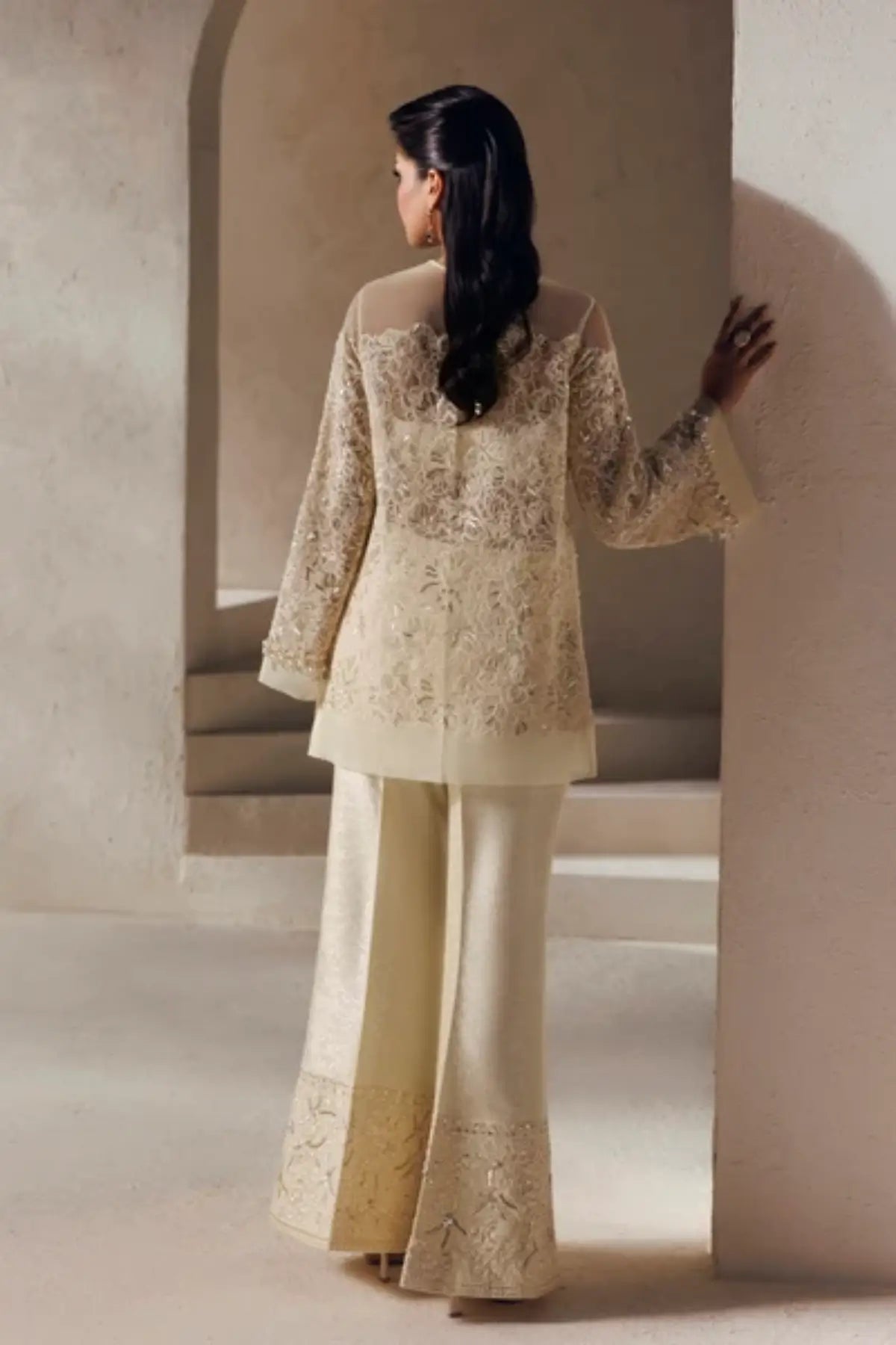 Seraphine Modern Muse 26 ivory Pakistani organza wedding stitched dress with hand embellishment, flared trousers and embroidered net dupatta