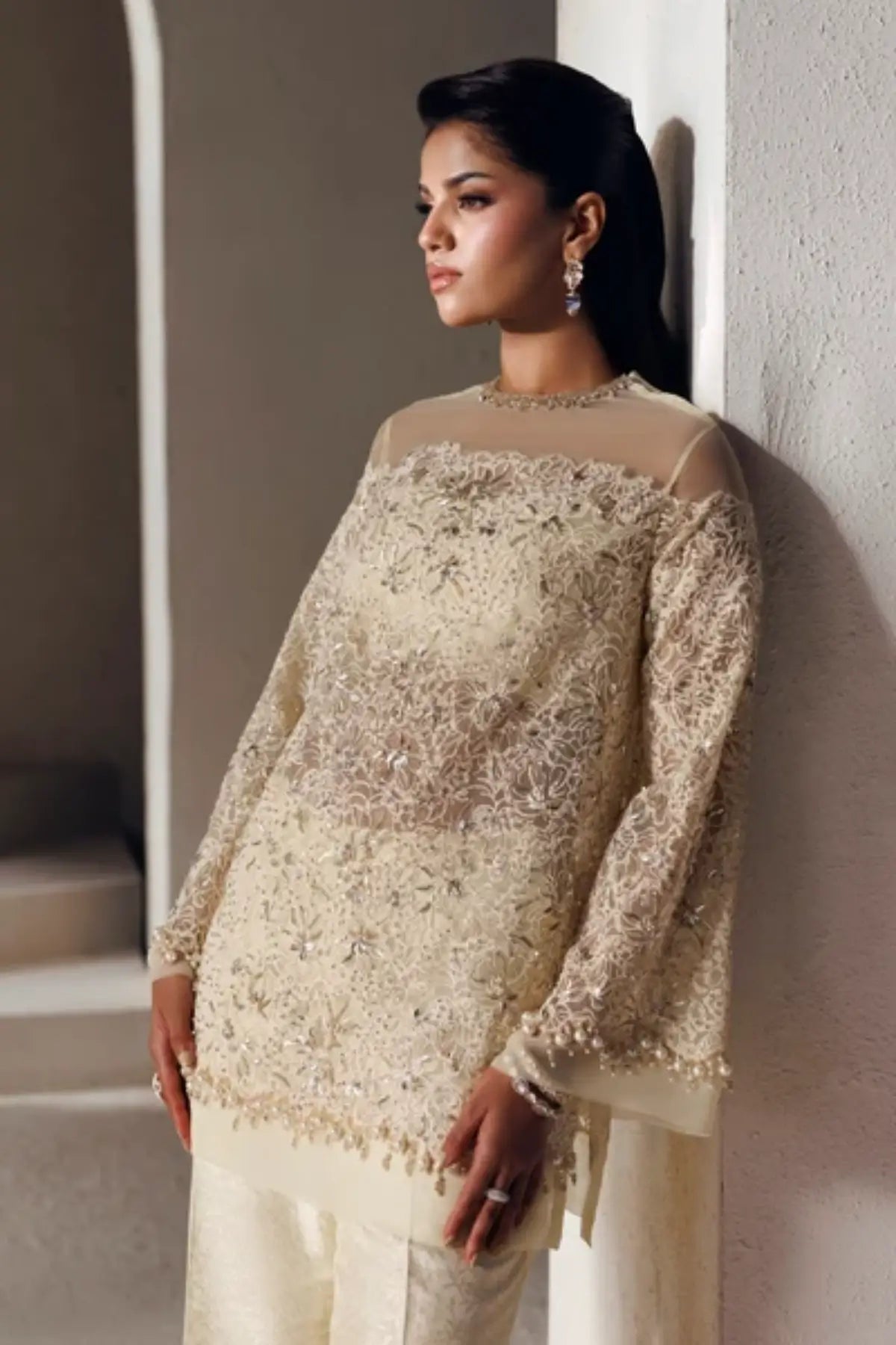 Seraphine Modern Muse 26 ivory Pakistani organza wedding stitched dress with hand embellishment, flared trousers and embroidered net dupatta
