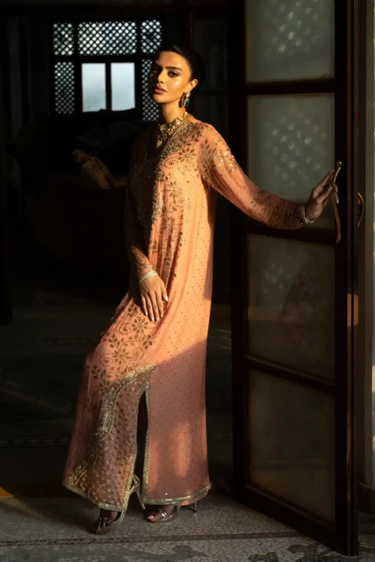 Seraphine peach Mukesh embroidered stitched formal kaftan with intricate Zardozi handwork and floral detailing
