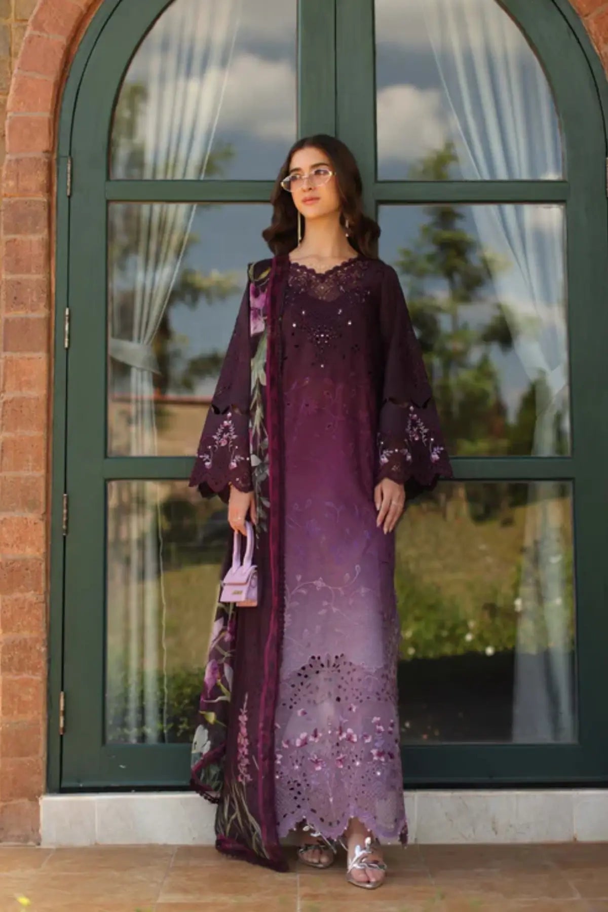 Saadia Asad Seraphine D4-B plum lawn suit with chiffon dupatta Noor Luxury Eid Schiffli ’26