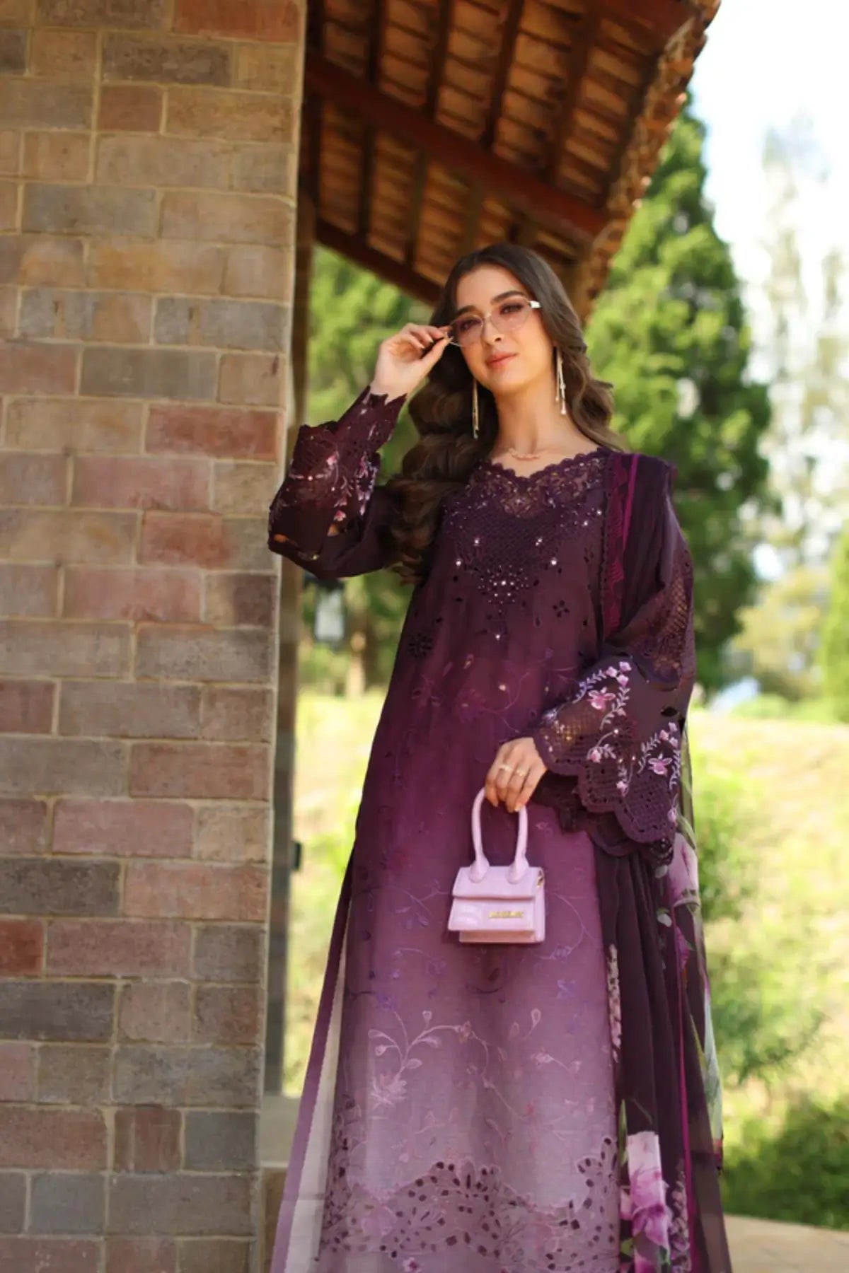Saadia Asad Seraphine D4-B plum lawn suit with chiffon dupatta Noor Luxury Eid Schiffli ’26