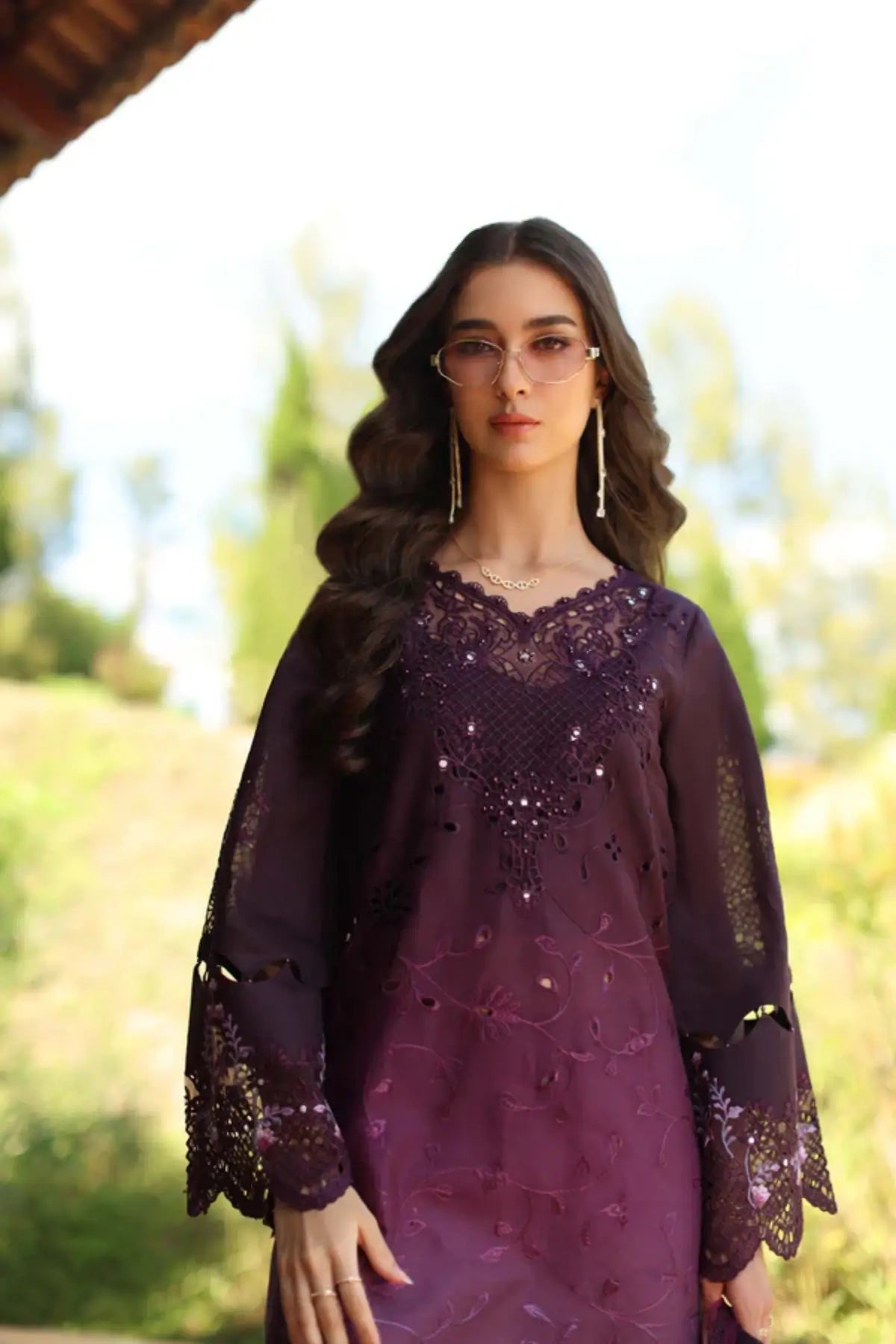 Saadia Asad Seraphine D4-B plum lawn suit with chiffon dupatta Noor Luxury Eid Schiffli ’26