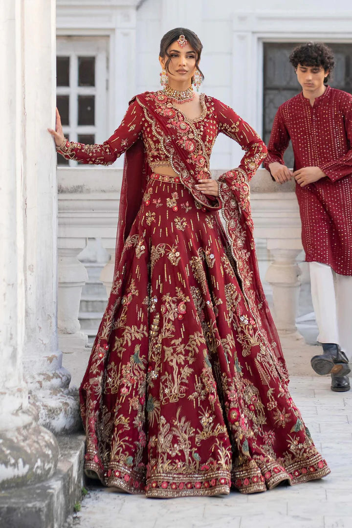 Seray Maria B Royal-Rawa Deep Red Bridal Lehenga with mirror, pearls & naqshi handcrafted stitched outfit – Pakistanimoda