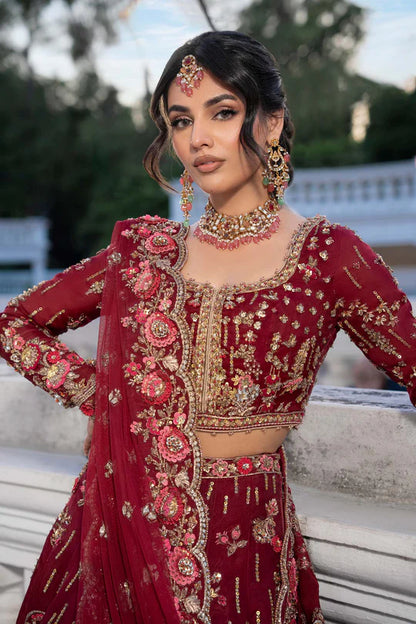 Seray Maria B Royal-Rawa Deep Red Bridal Lehenga with mirror, pearls & naqshi handcrafted stitched outfit – Pakistanimoda