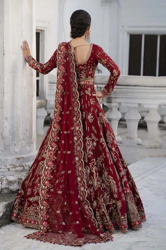 Seray Maria B Royal-Rawa Deep Red Bridal Lehenga with mirror, pearls & naqshi handcrafted stitched outfit – Pakistanimoda